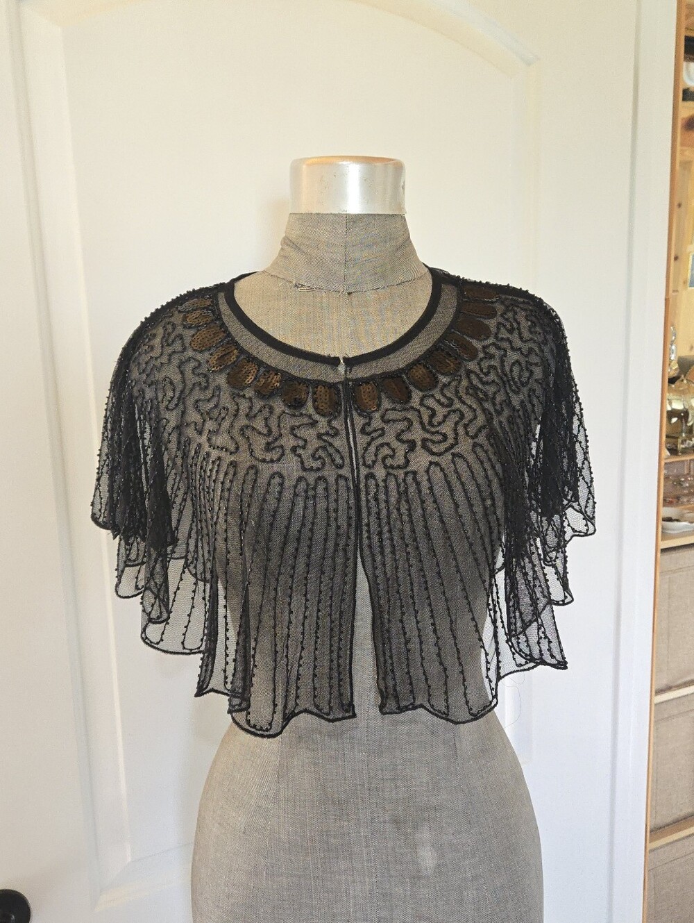 NWT Rachel Zoe Vintage-Inspired Black Beaded Sheer Capelet Cape Cover, ONE SIZE